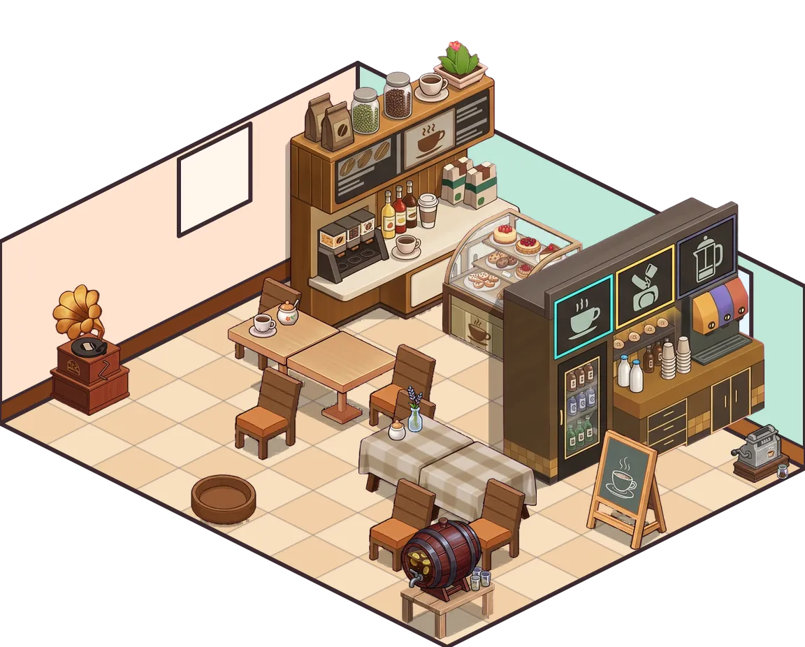 A ready-made café corner: bar, pastry case, tables, music corner